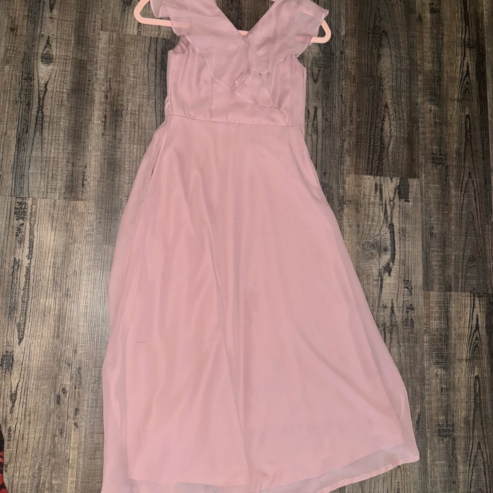Birdy Grey Pink Off-the-Shoulder Flutter Sleeve Midi Dress